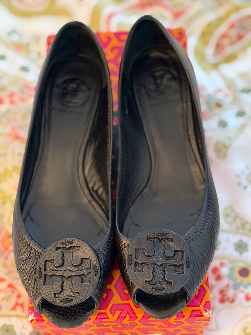 Tory Burch Kitty Black Leather Logo Peep-Toe Wedge with Medallion